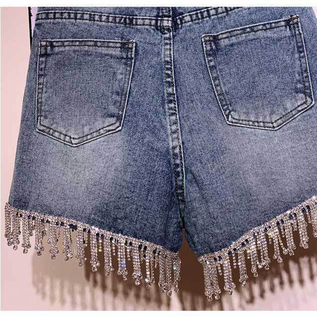 Rhinestones High Waist Denim Shorts