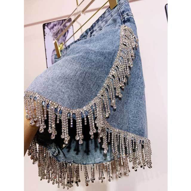 Rhinestones High Waist Denim Shorts
