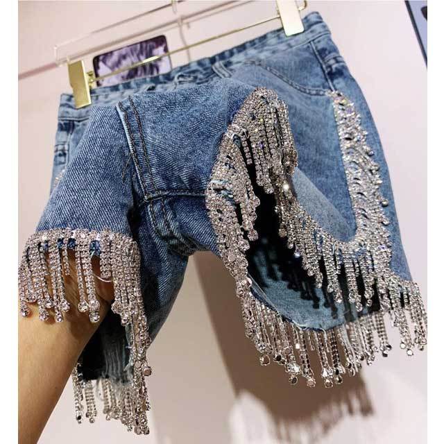 Rhinestones High Waist Denim Shorts