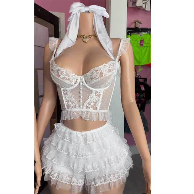 Lace Corset Top Ruffle Short Set