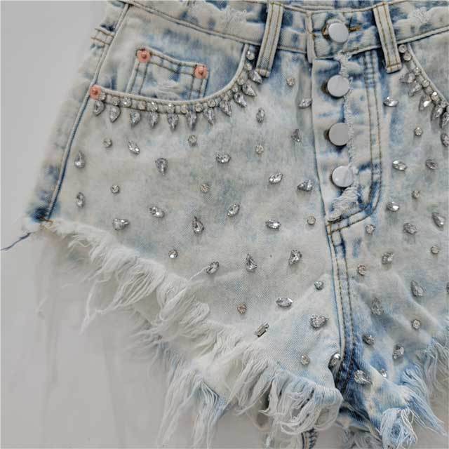 Rhinestones Beaded Denim Shorts