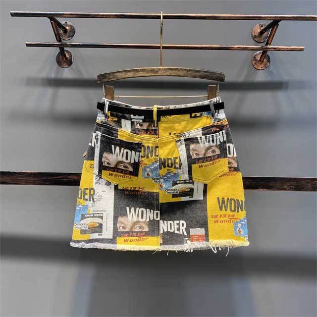 Printed High Waist Denim Skirt