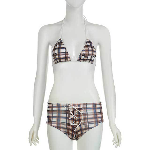 Plaid Print Lace-Up Bikini Set