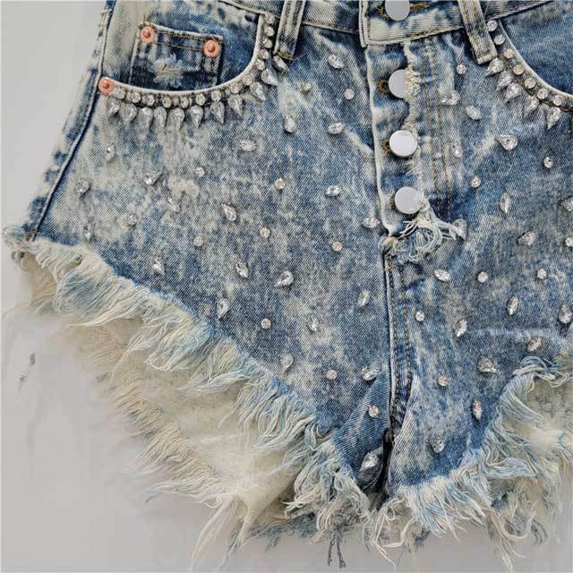 Rhinestones Beaded Denim Shorts