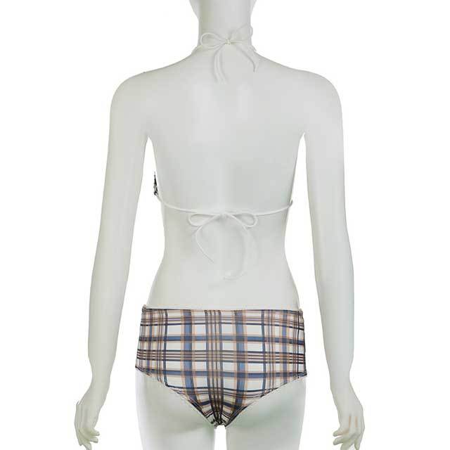 Plaid Print Lace-Up Bikini Set