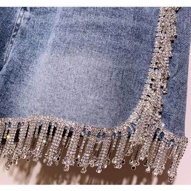 Rhinestones High Waist Denim Shorts