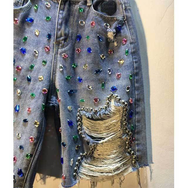 Beaded Crystal Ripped High Waist Denim Shorts