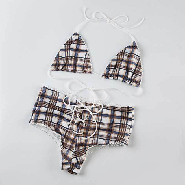 Plaid Print Lace-Up Bikini Set