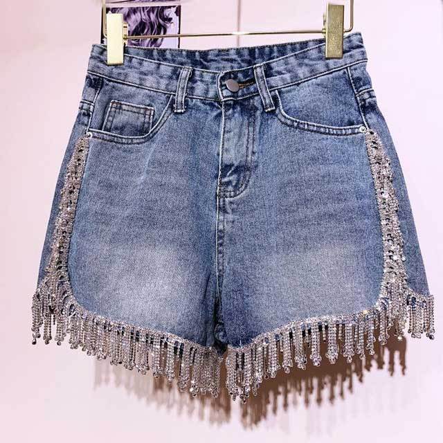 Rhinestones High Waist Denim Shorts