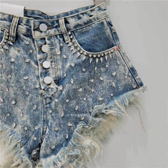 Rhinestones Beaded Denim Shorts