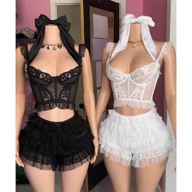 Lace Corset Top Ruffle Short Set