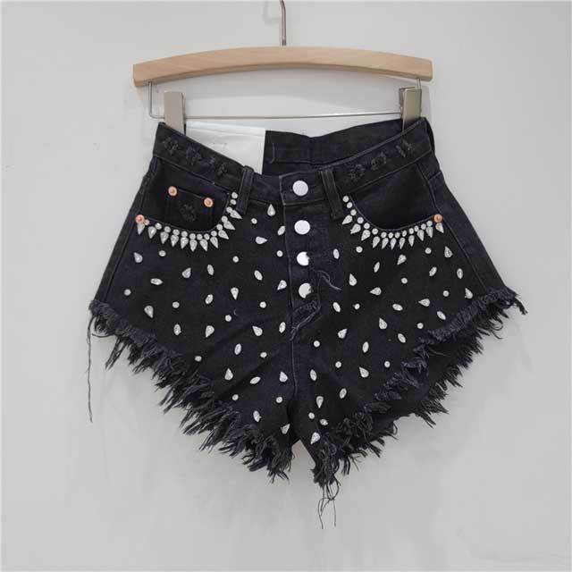Rhinestones Beaded Denim Shorts