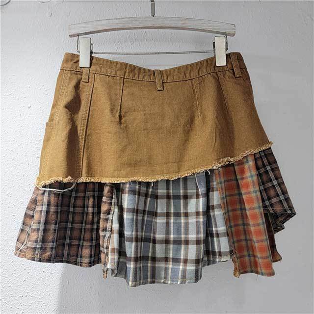 Irregular Plaid Patchwork Denim Skirt