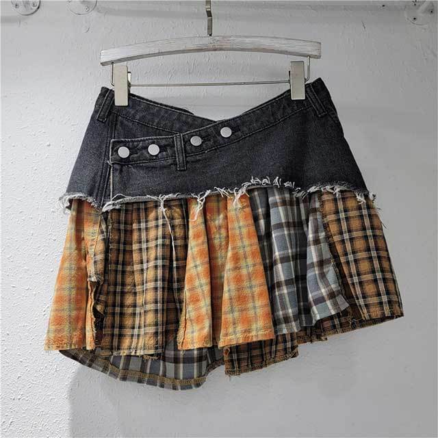 Irregular Plaid Patchwork Denim Skirt