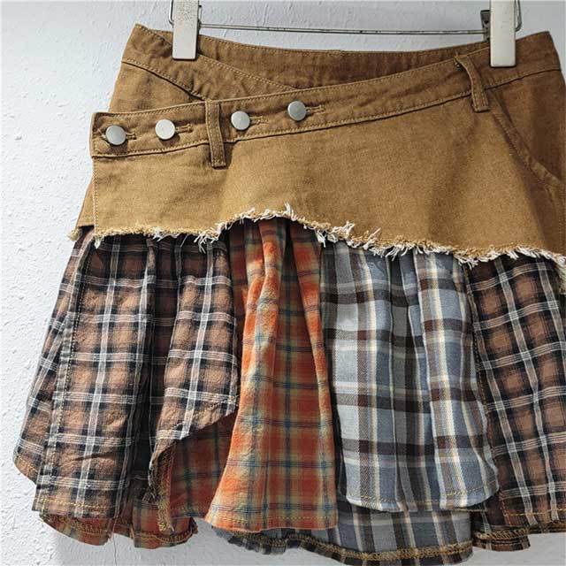 Irregular Plaid Patchwork Denim Skirt