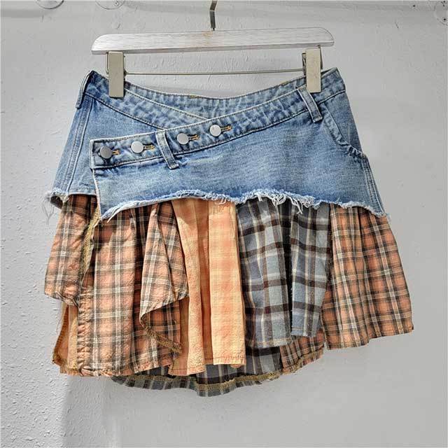 Irregular Plaid Patchwork Denim Skirt