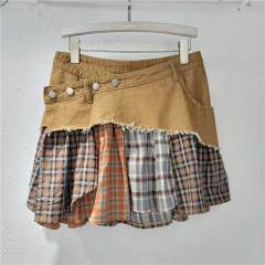 Irregular Plaid Patchwork Denim Skirt