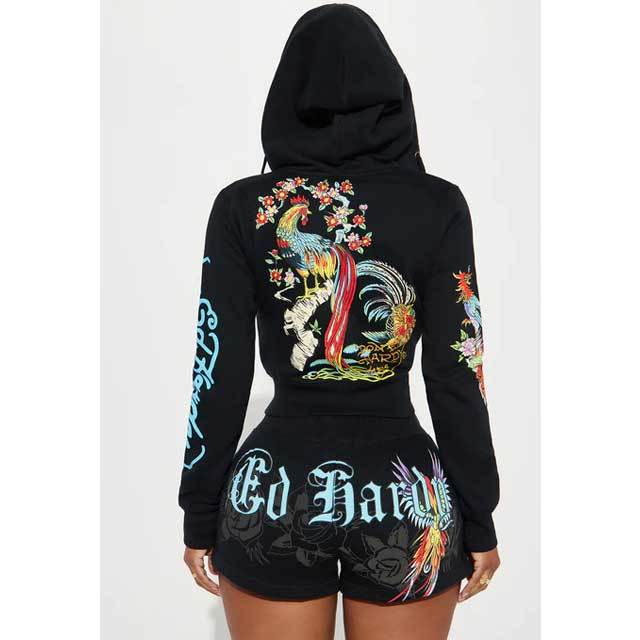 Printed Hoodie Top Casual Short Set