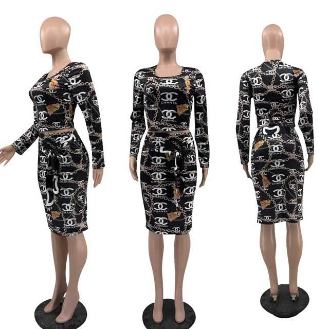 Printed Bodycon Belted Skirt Set