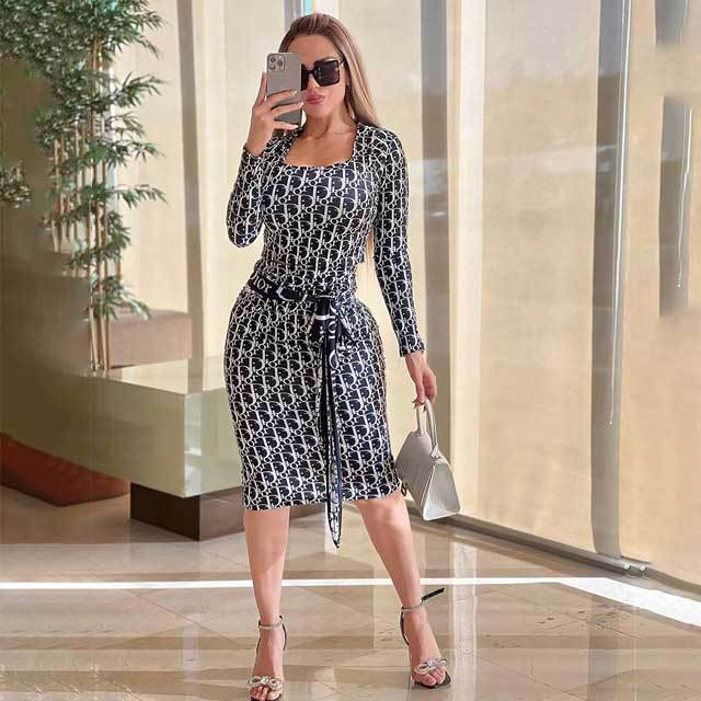 Printed Bodycon Belted Skirt Set