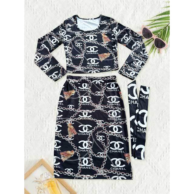Printed Bodycon Belted Skirt Set
