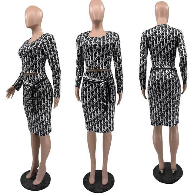 Printed Bodycon Belted Skirt Set