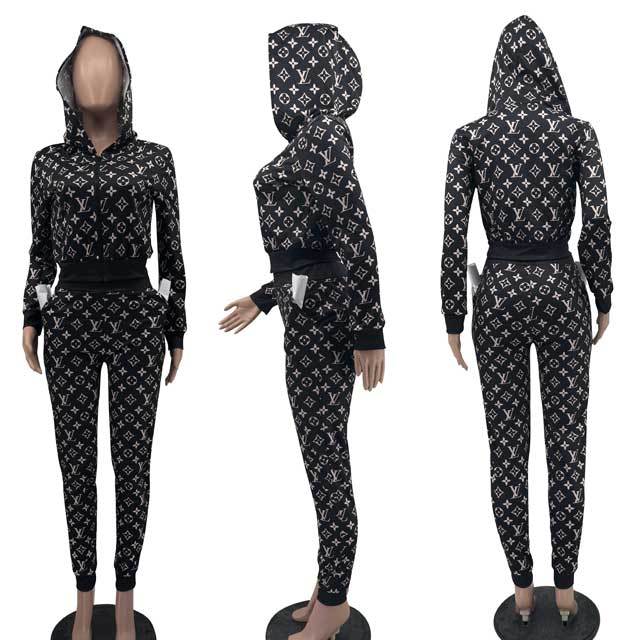 Printed Zipper Hooded Top Fall Tracksuit Set