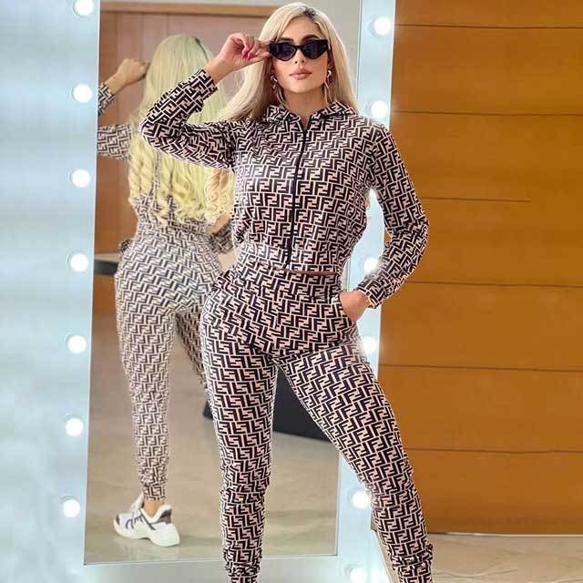 Printed Zipper Hooded Top Fall Tracksuit Set