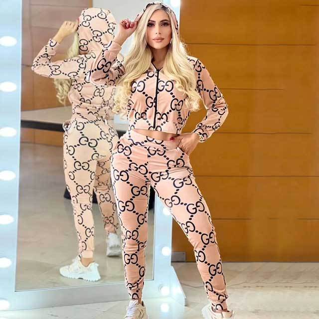 Printed Zipper Hooded Top Fall Tracksuit Set