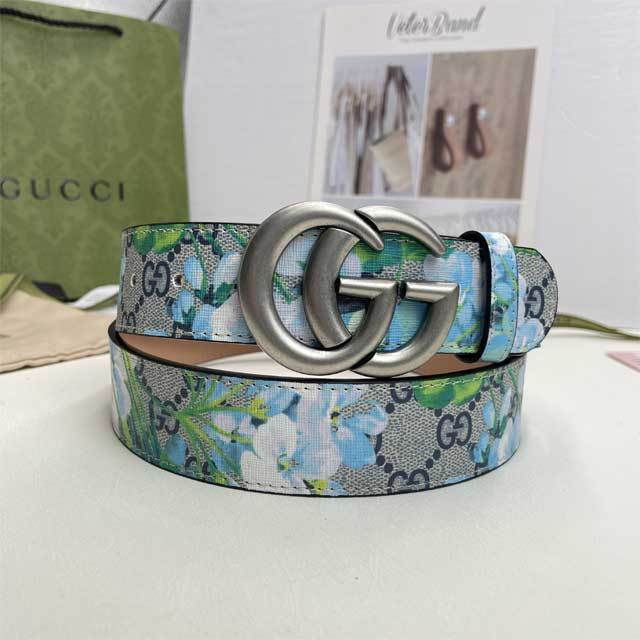 Metal Logo Floral Print Leather Men's Belt
