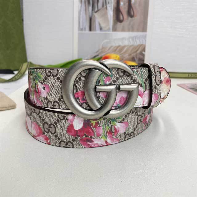 Metal Logo Floral Print Leather Men's Belt