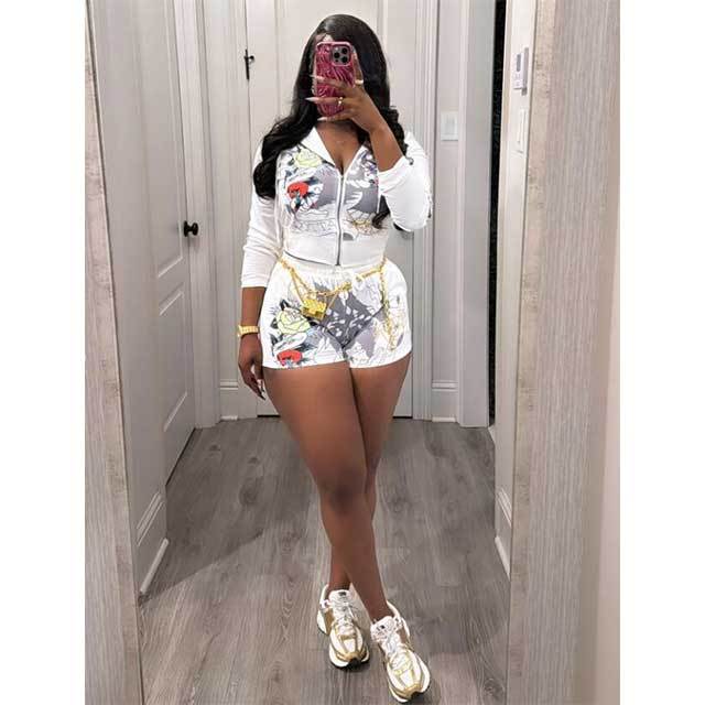 Printed Zipper Short Tracksuit Set