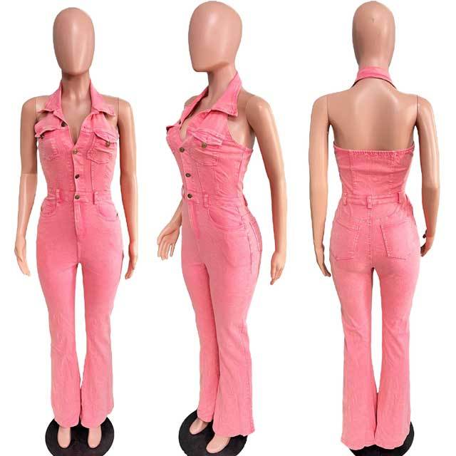 Denim Halter Cargo Jumpsuit