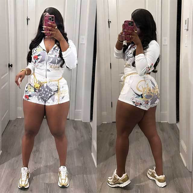 Printed Zipper Short Tracksuit Set