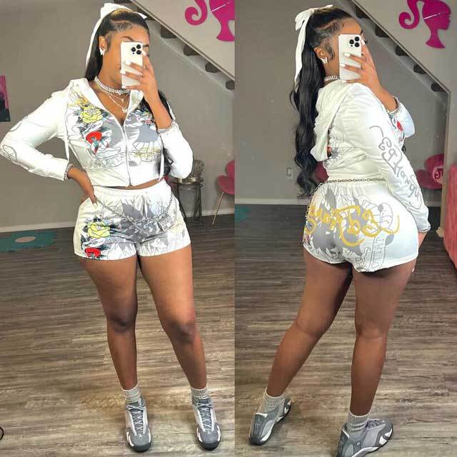 Printed Zipper Short Tracksuit Set