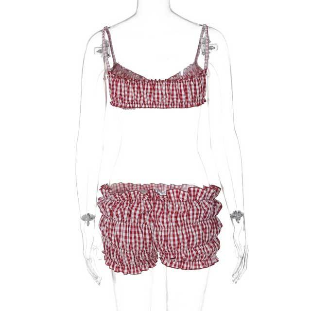 Plaid Print Ruched Short Set