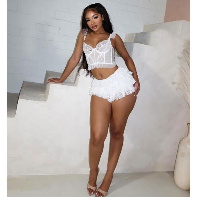 Lace Corset Top Ruffle Short Set