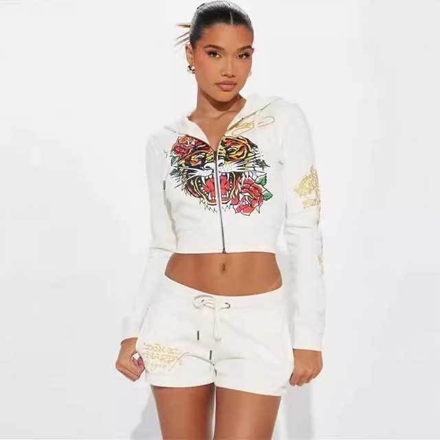 Printed Zipper Hooded Top Casual Tracksuit Set