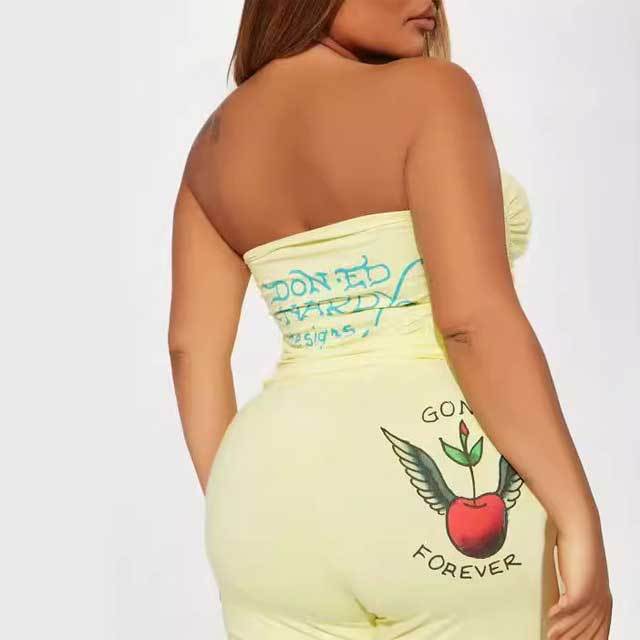 Printed Ruched Tube Top Casual Pants Set
