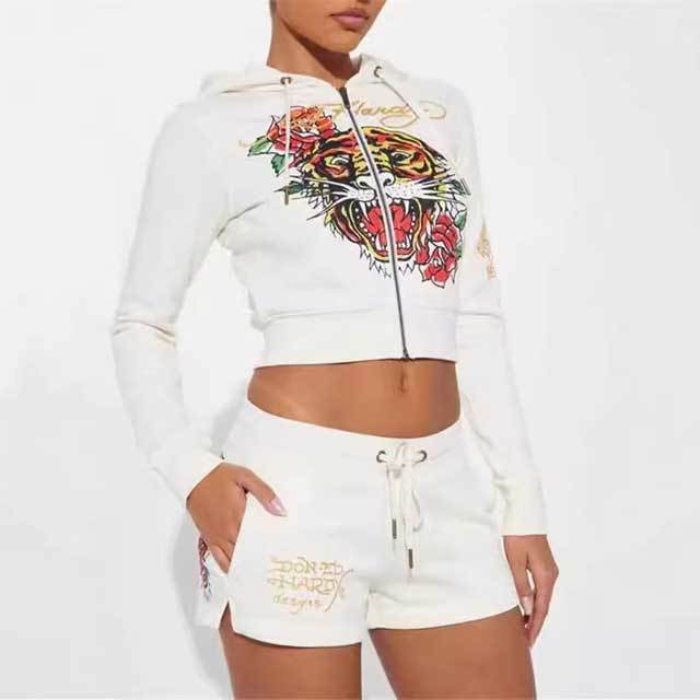 Printed Zipper Hooded Top Casual Tracksuit Set