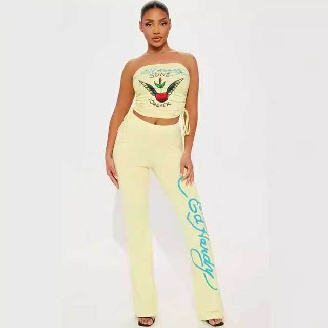 Printed Ruched Tube Top Casual Pants Set