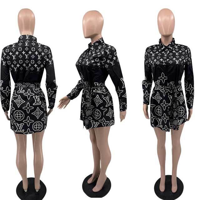 Printed Casual Belted Long Sleeve Shirt