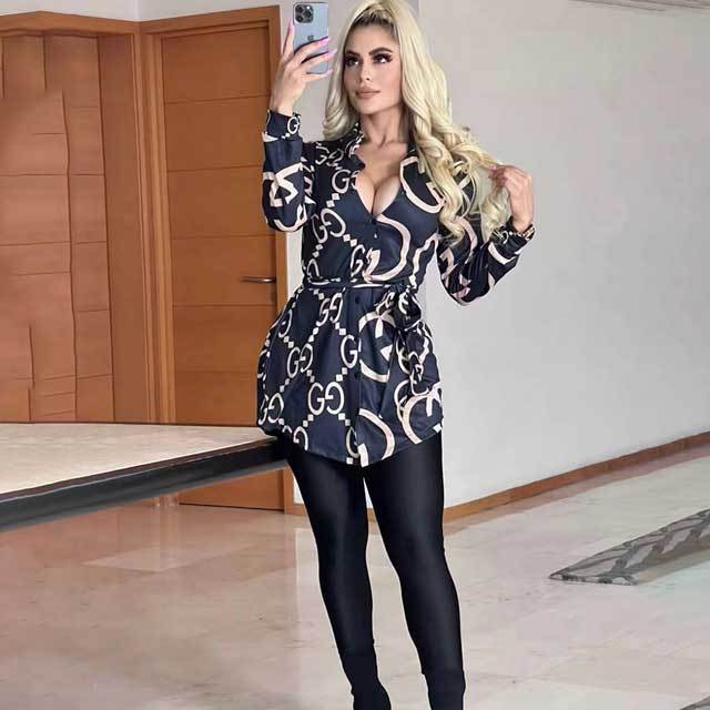 Printed Casual Belted Long Sleeve Shirt