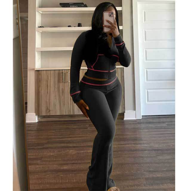 Zipper Hooded Top Casual Fall Pants Suit