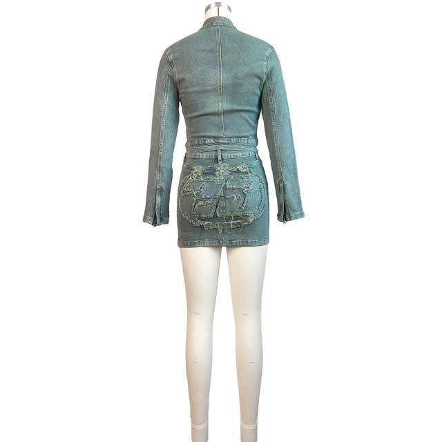 Embroidery Denim Jacket Top Skirt Set