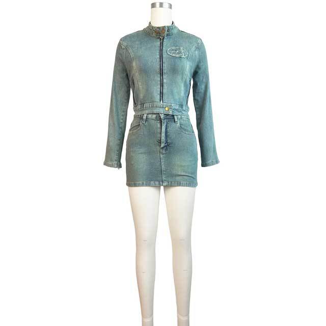 Embroidery Denim Jacket Top Skirt Set