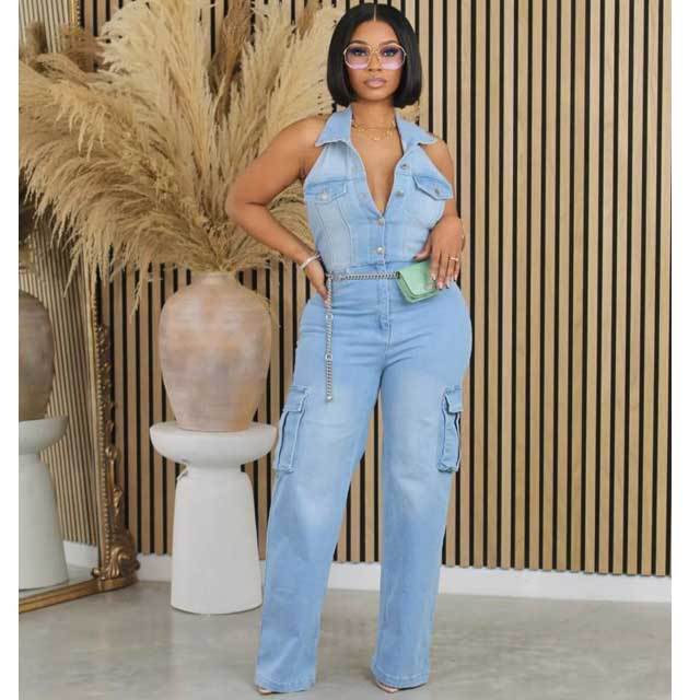 Denim Halter Casual Jumpsuit
