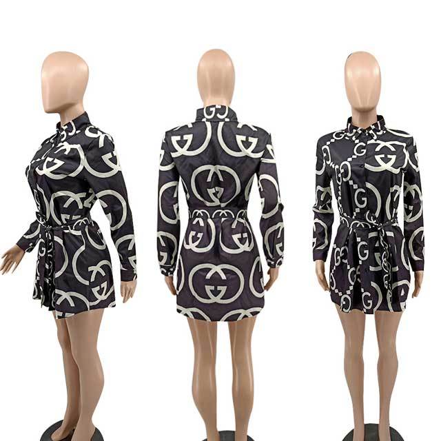 Printed Casual Belted Long Sleeve Shirt