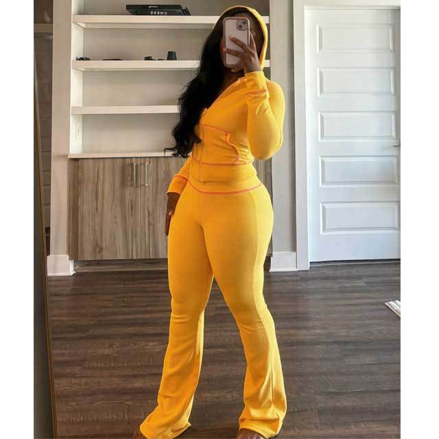 Zipper Hooded Top Casual Fall Pants Suit