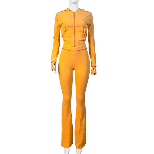 Zipper Hooded Top Casual Fall Pants Suit